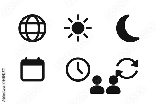 Symbols representing time, day, night, and global cycles showcased together in a visually striking layout