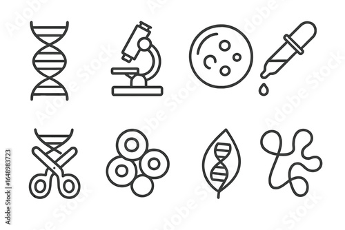 Scientific icons represent DNA research and molecular biology activities in a modern laboratory setting