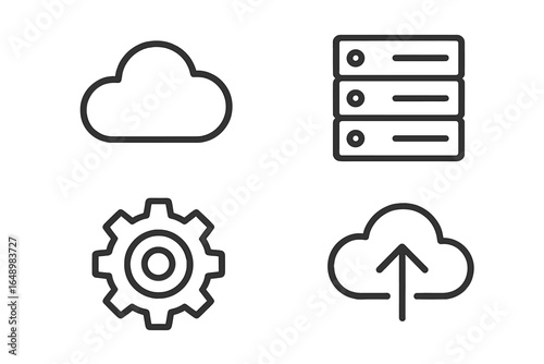Cloud computing icons representing storage, settings, and uploading in a modern digital environment