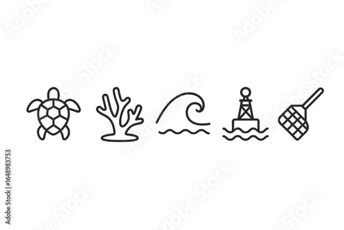 Creative marine-themed illustrations featuring a turtle, coral, wave, lighthouse, and a scoop net