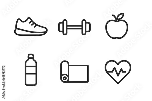 Health and fitness essentials featuring workout gear, nutritious food, and hydration tools