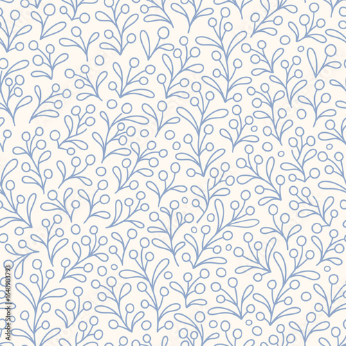 Hand drawn floral berry seamless pattern with a charming whimsical cottage core design. Soft blue pastel and nostalgic print. Perfect for textiles and romantic vintage-inspired decor.