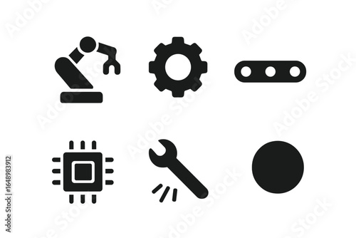 Modern industrial icons representing automation, technology, and manufacturing processes in a flat design style