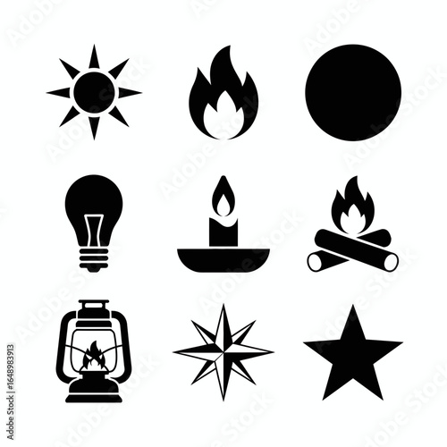 Collection of nine black silhouette icons representing light sources and celestial objects isolated on white background silhouette