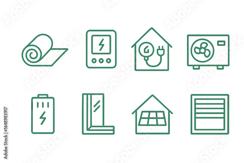 Energy efficiency icons representing sustainable technology for homes and buildings in various applications