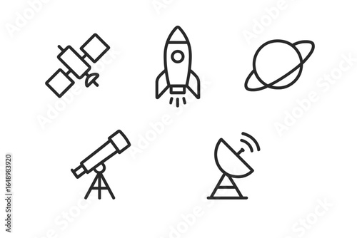 Different symbols representing space exploration tools and celestial bodies in a minimalist style, showcasing the essence of astronomy