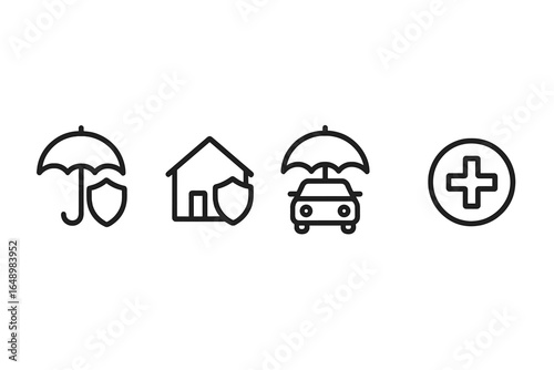 Insurance symbols representing protection for home, car, health, and more in a minimalist design