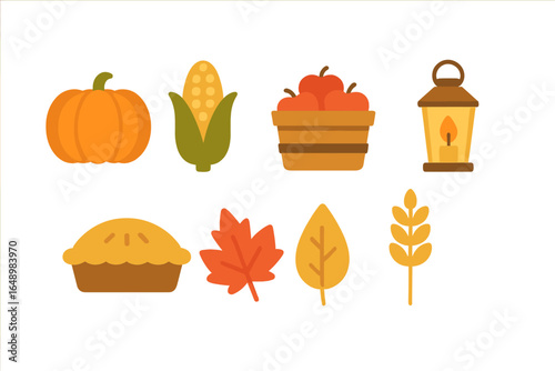 Colorful autumn harvest display with pumpkin, corn, and pie in a cozy setting