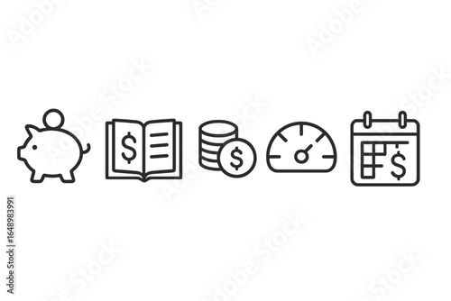 Financial planning tools and icons representing savings, budgeting, investments, and time management for personal finance