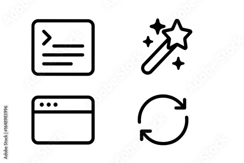 Icons representing coding, magic, web browsing, and refresh actions illustrate digital activities in modern technology
