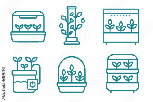 Indoor gardening setups featuring various plant growth systems and containers designed for home use in a modern environment