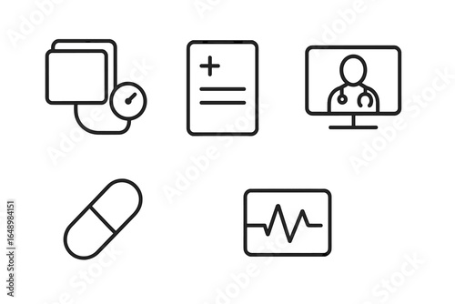 Modern healthcare symbols illustrating medical equipment, records, and telemedicine in minimalist design