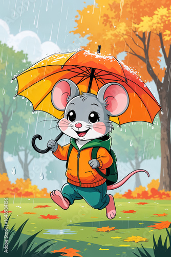 cute cartoon funny mouse walking under an umbrella in an autumn park, flat illustration
