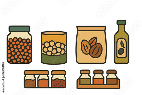 Collection of various kitchen pantry items on a clean surface showcasing a range of jars and containers