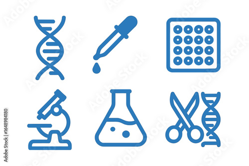 Graphics showing scientific tools and symbols related to genetics and molecular biology for educational purposes