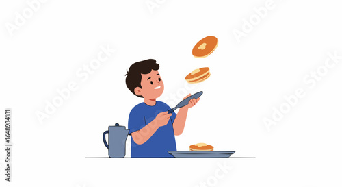 Happy boy flipping pancakes in the air during breakfast preparation, isolated white background.