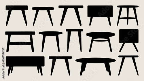 Collection of diverse black stool silhouettes in various shapes and sizes isolated on white background