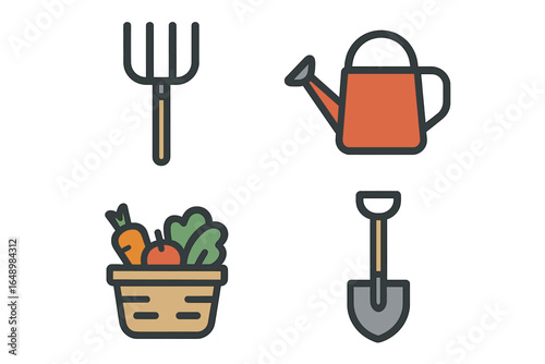 Tools for gardening displayed together with a basket of fresh vegetables