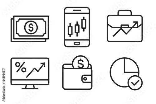 Finance technology icons including money, charts, and digital wallets for modern investment tracking