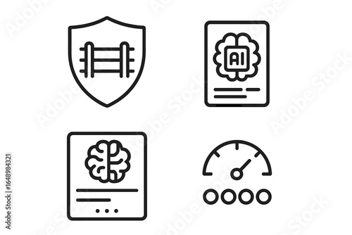 Icons representing cybersecurity, artificial intelligence, and performance metrics in a digital environment