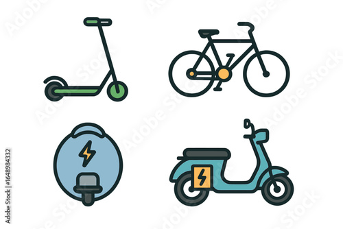 Different types of electric vehicles including scooters, bicycles, electric unicycles, and e-scooters on a white background