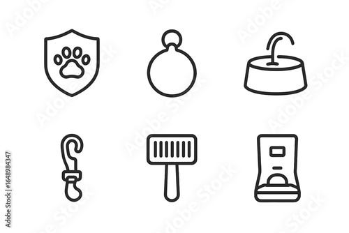 Various pet accessories including a paw print badge, collar tag, water fountain, leash clip, comb, and food dispenser