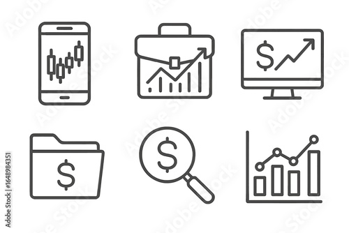 Financial analysis tools for tracking investments and market trends with various icons representing data and growth