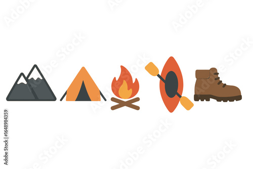 Outdoor adventure icons showcasing mountains, tent, campfire, kayak, and hiking boot during a sunny day