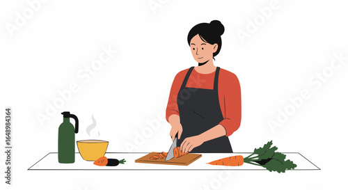 Young woman in an apron chopping fresh vegetables on a cutting board, preparing a healthy meal in a bright kitchen with an isolated white background.