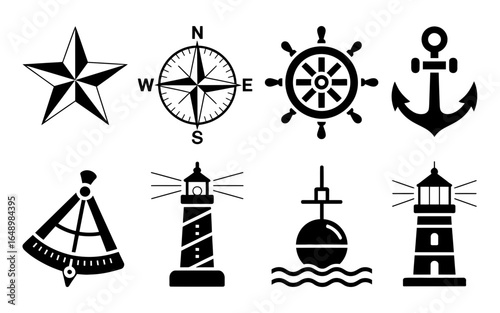 Nautical icons collection featuring star compass wheel anchor lighthouses and buoy silhouette isolated on white background