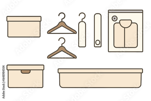 Various storage boxes, hangers, and a laundry basket arranged in a minimalist style for organizing a home space