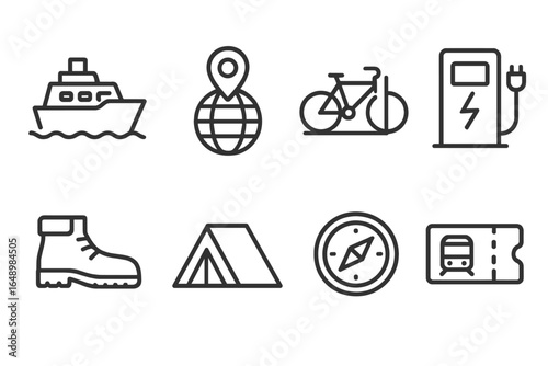 Icon set representing outdoor activities and transportation options for various adventures