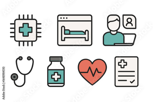 Various medical icons representing technology in healthcare, including telemedicine and medication management