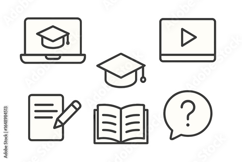 Educational icons representing online learning tools for students and educators in a digital environment