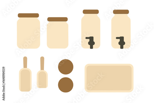 Containers and tools for kitchen organization displayed on a simple background in a clean and minimalistic layout