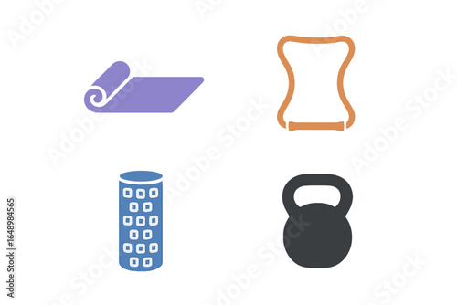 Exercise equipment collection featuring yoga mat, foam roller, balance board, and kettlebell for fitness enthusiasts