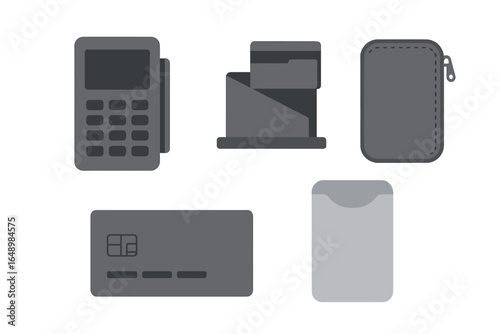 Various payment tools laid out on a flat surface, including a terminal, cardholder, and credit card