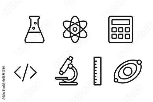 Science icons representing various fields of study and research tools typically used in laboratories and classrooms