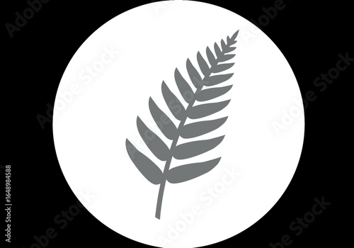 Stylized Gray Fern Frond in White Circle.