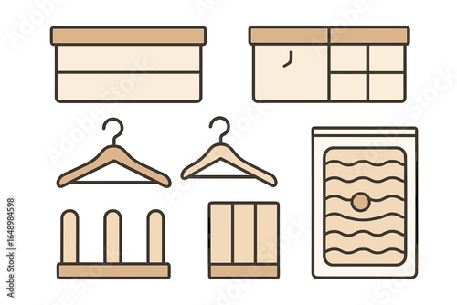 Organizing tools for home spaces with hangers, storage boxes, and containers in a simple design