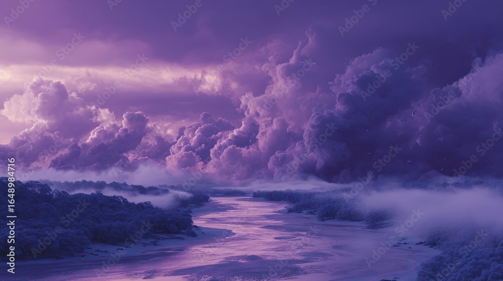 Fototapeta premium Purple Sunset River Landscape Winter Fog, Dramatic Cloudscape, Aerial View, Peaceful Nature