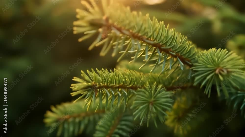 Closeup of Pine Tree Branches with Green Needles in Warm Sunset Light Closeup of Pine Tree Branches with Green Needles in Warm Sunset Light