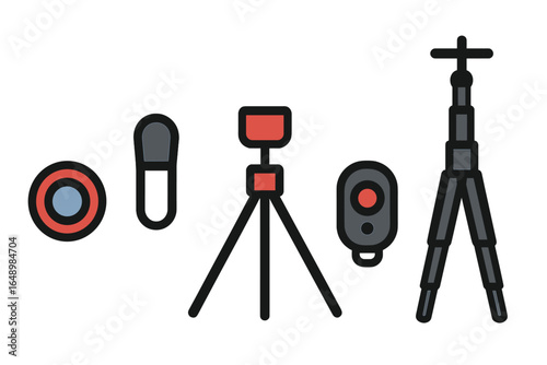 Equipment for photography, including tripods, remote controls, and camera accessories for outdoor shooting