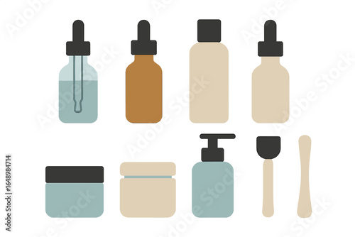 Variety of skincare products arranged in an organized manner, showcasing different bottles, jars, and tools