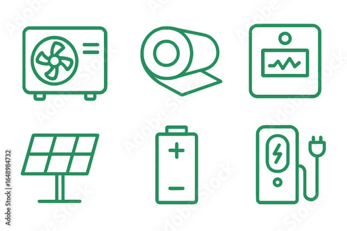 Icons representing renewable energy concepts including solar panels, batteries, and energy-saving appliances in a clean design