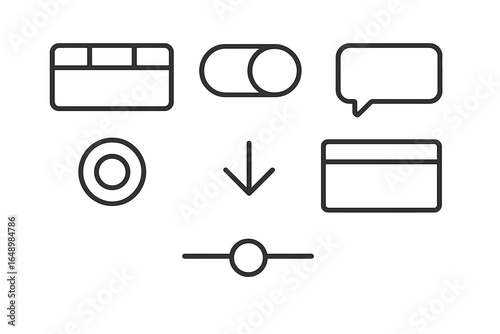 Various user interface elements including buttons, sliders, and icons displayed on a simple background