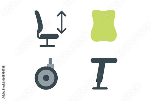 Icons depicting adjustable office chair components and accessories for ergonomic workspace design
