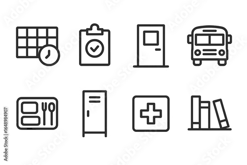 Various symbols representing daily activities and resources like time management, transport, and food arrangements