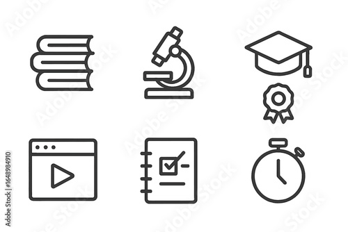 Educational icons depicting learning tools and achievements in a minimalistic style focusing on academia and study practices