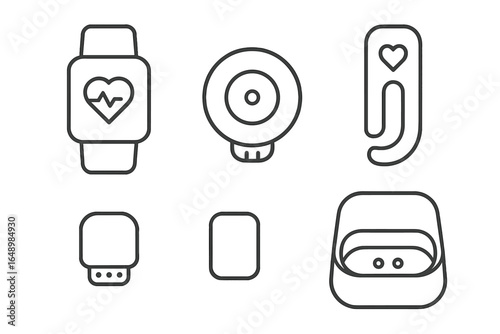 Simple outline illustrations of various wearable technology devices and accessories on a light background